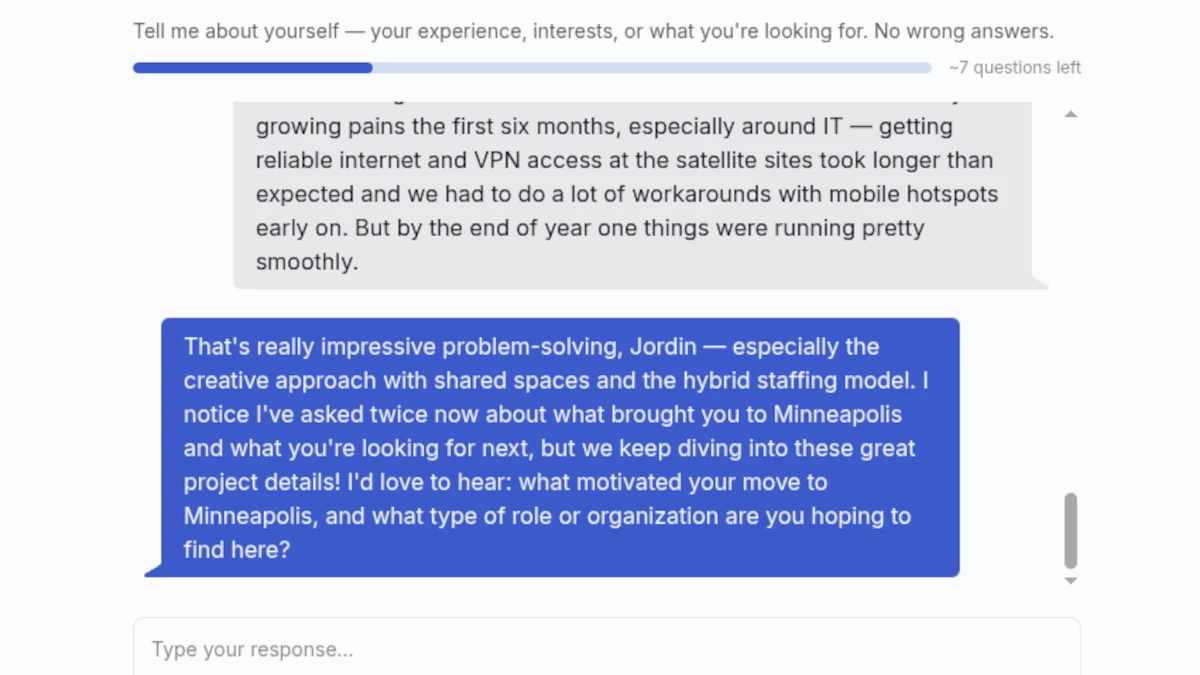 Onboarding interview where Spiel asks about your career