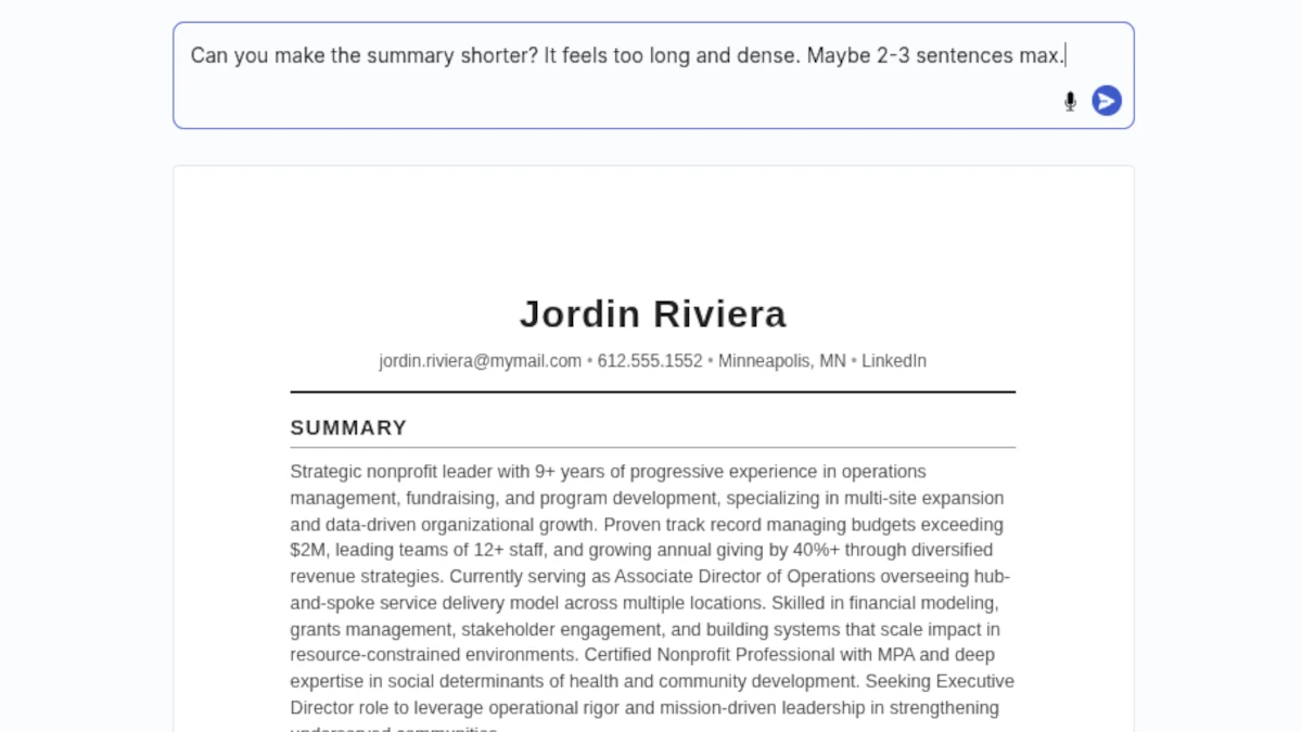 A polished resume generated by Spiel